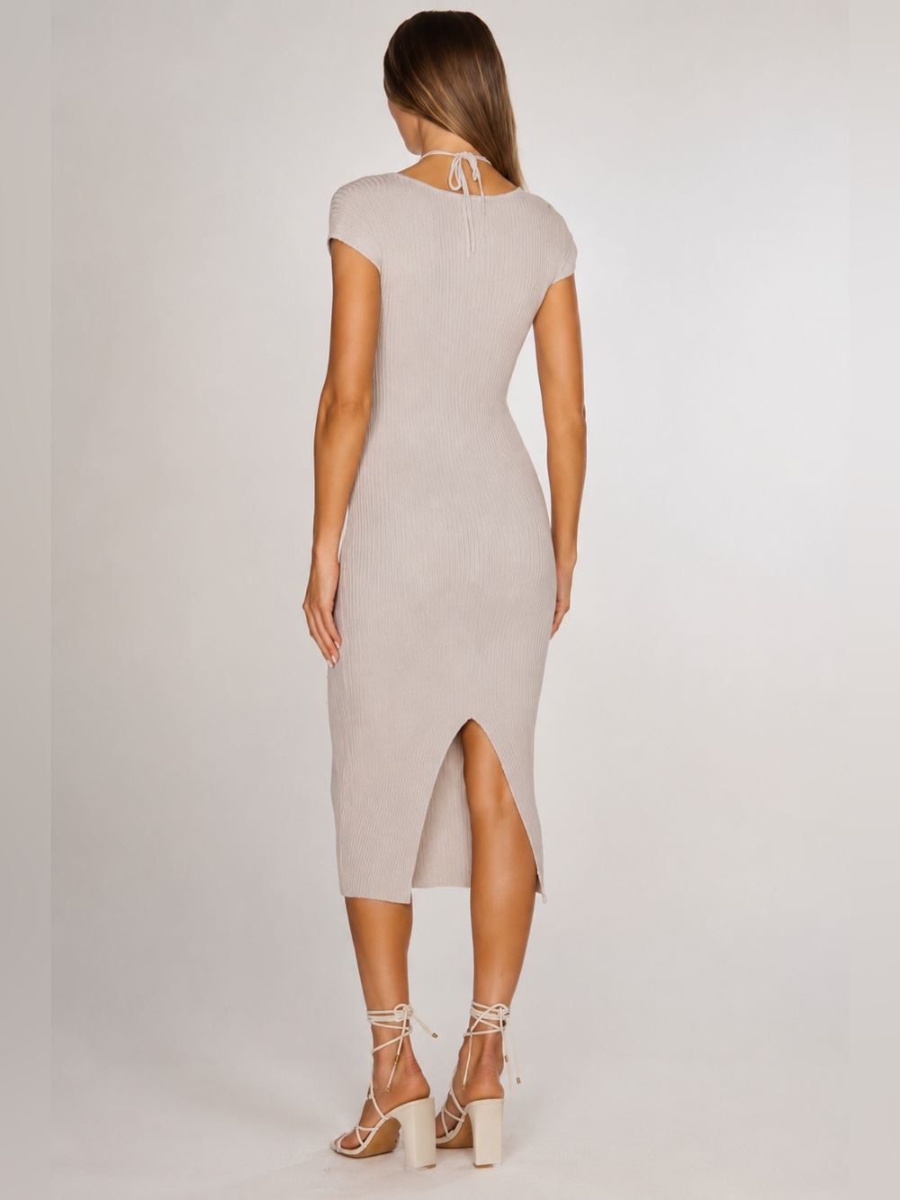 Jonathan Simkhai Rib Knit Tie Front Midi Dress Taupe Beige Size L - Picture 2 of 7